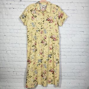 Vintage 80's Maxi Dress Women Size 12 Yellow Butter Linen Blend Floral Cottage